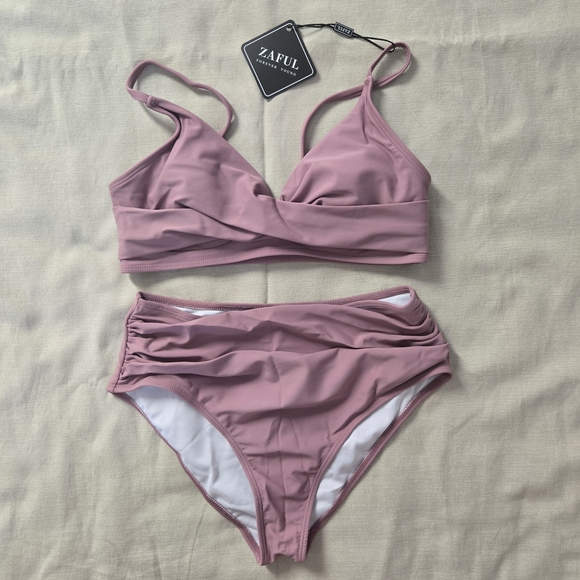 NWT Dusty Rose High-Waist Bikini - Size S - Mauve Twist Front Bikini - Picture 2 of 4